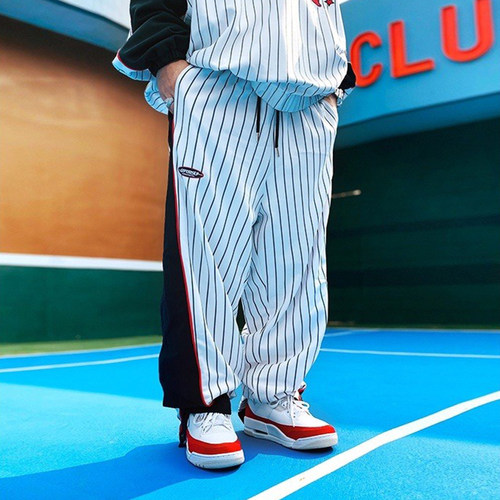 双排扣条纹拼色宽松运动长裤