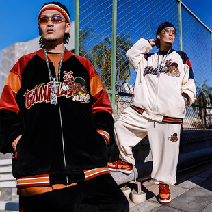 Acusa天鹅绒黑人头赌徒重工刺绣拼接外套卫裤 宽松男 休闲运动套装