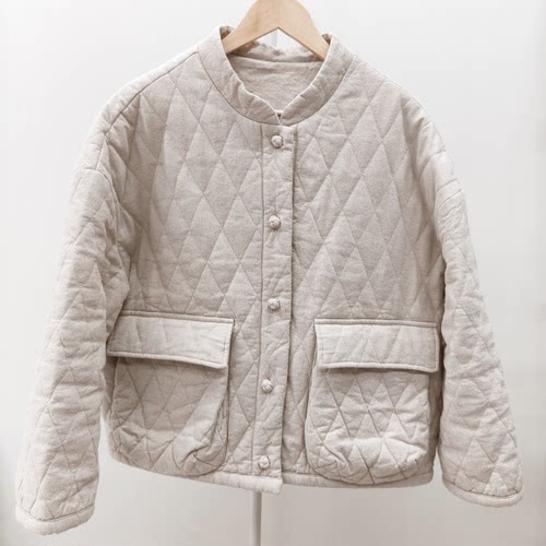 雨露汉麻女复古宽松菱格纹棉服