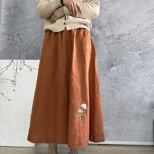 吉象如意 长纤亚麻中长半身裙高腰显瘦A字裙大摆裙实物更好看