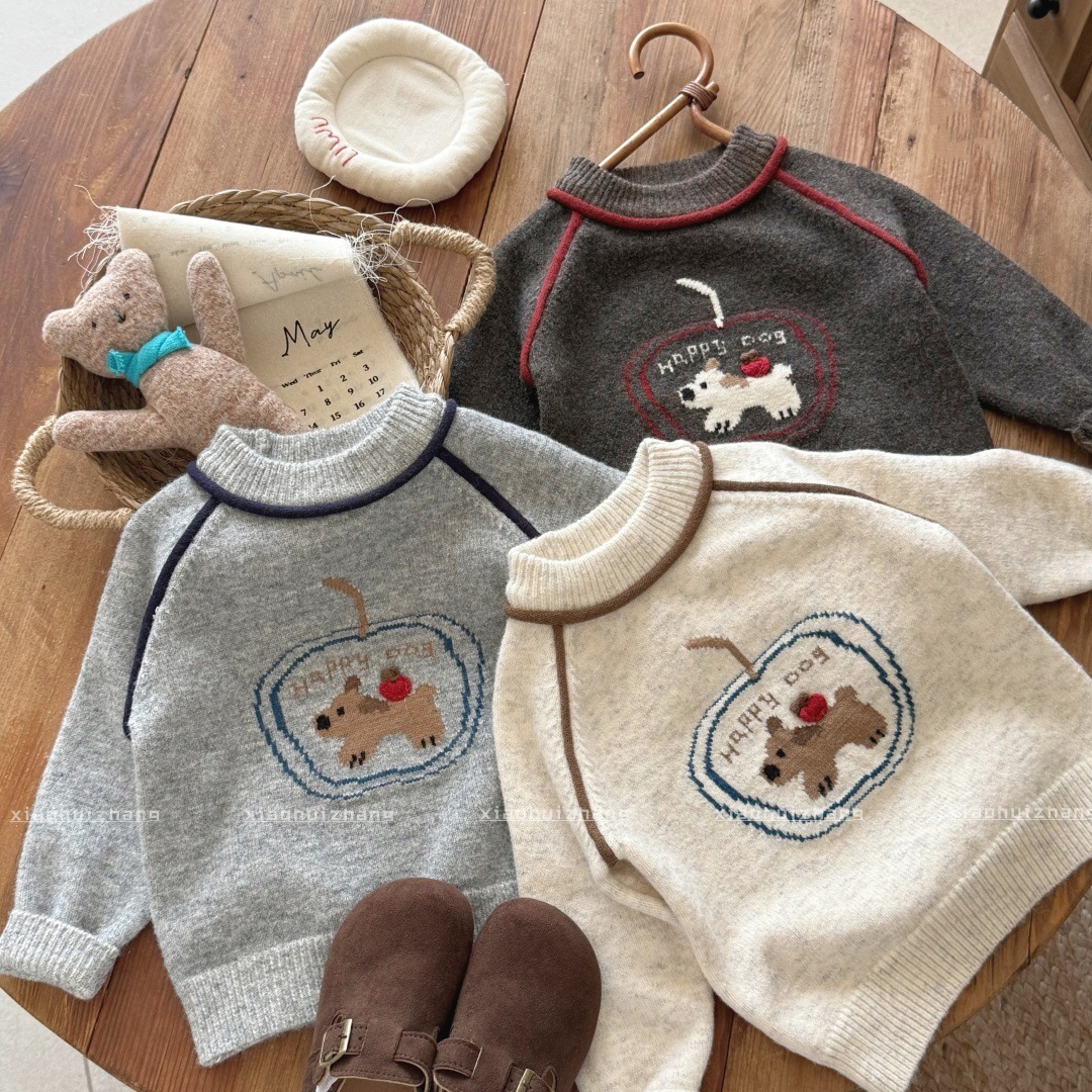 秋冬氛围感苹果小狗圆领时尚百搭中小童针织男女宝宝套头长袖毛衣