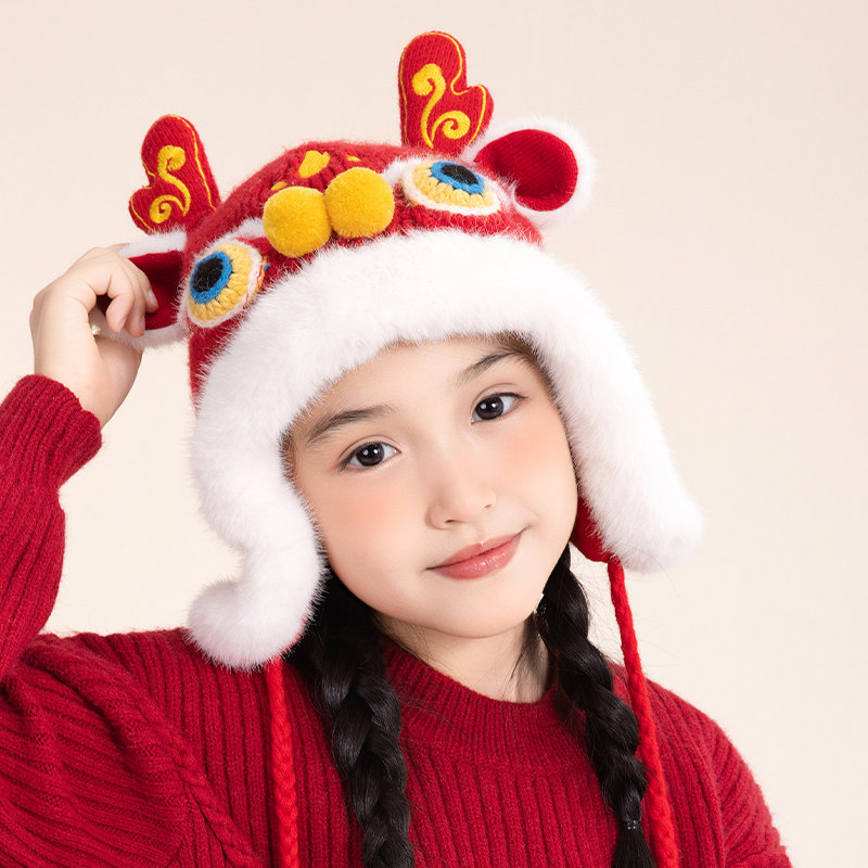 儿童帽子冬季宝宝过年醒狮套头帽加厚男女童红色喜庆虎头护耳帽