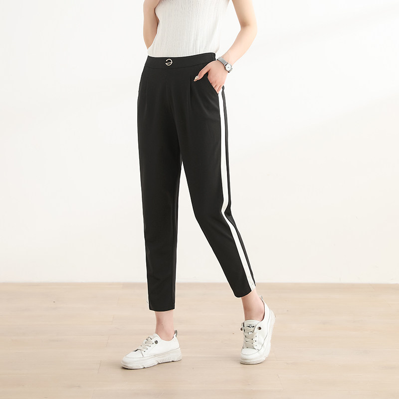 薄款休闲裤女2020年夏季新款九分直筒显瘦百搭侧条纹八分高腰小脚