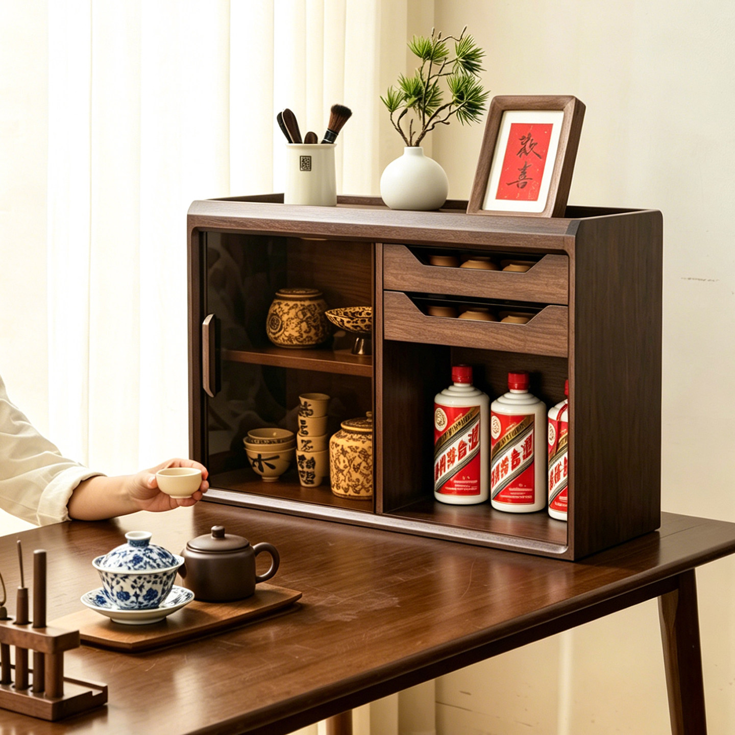 实木杯架杯子收纳置物架桌面餐边柜茶具水杯咖啡杯台面中式收纳柜图片