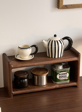 黑胡桃木桌面置物架双层茶具咖啡杯子实木收纳架小型博古架中古风