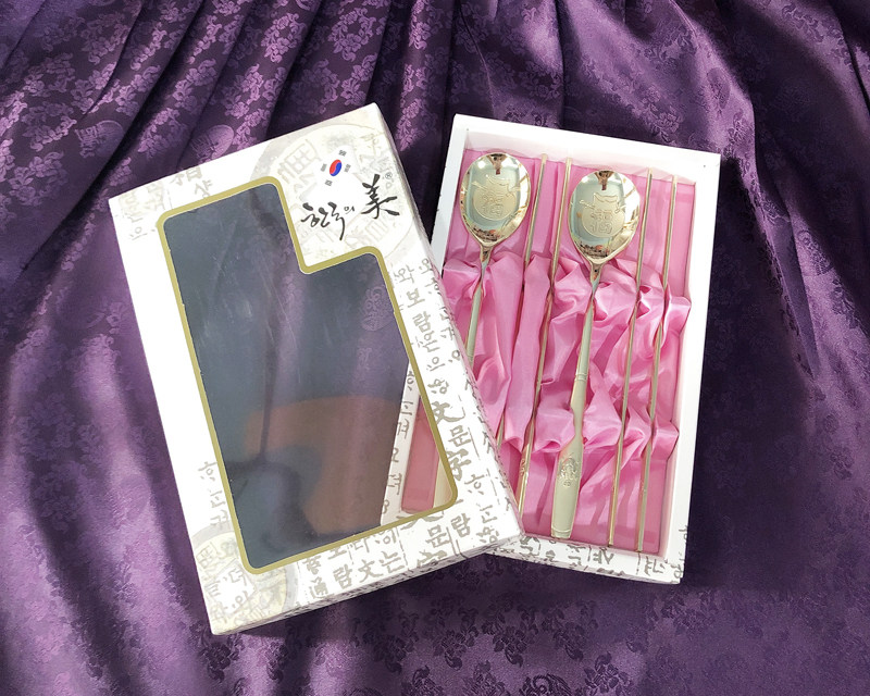 韩国原装进口福字金色筷子勺/结婚礼品/旅游礼品/两双/HE-KS1016
