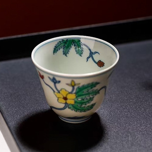 复古纯手工功夫茶杯高档杯 启色手绘斗彩秋葵纹主人杯景德镇中式