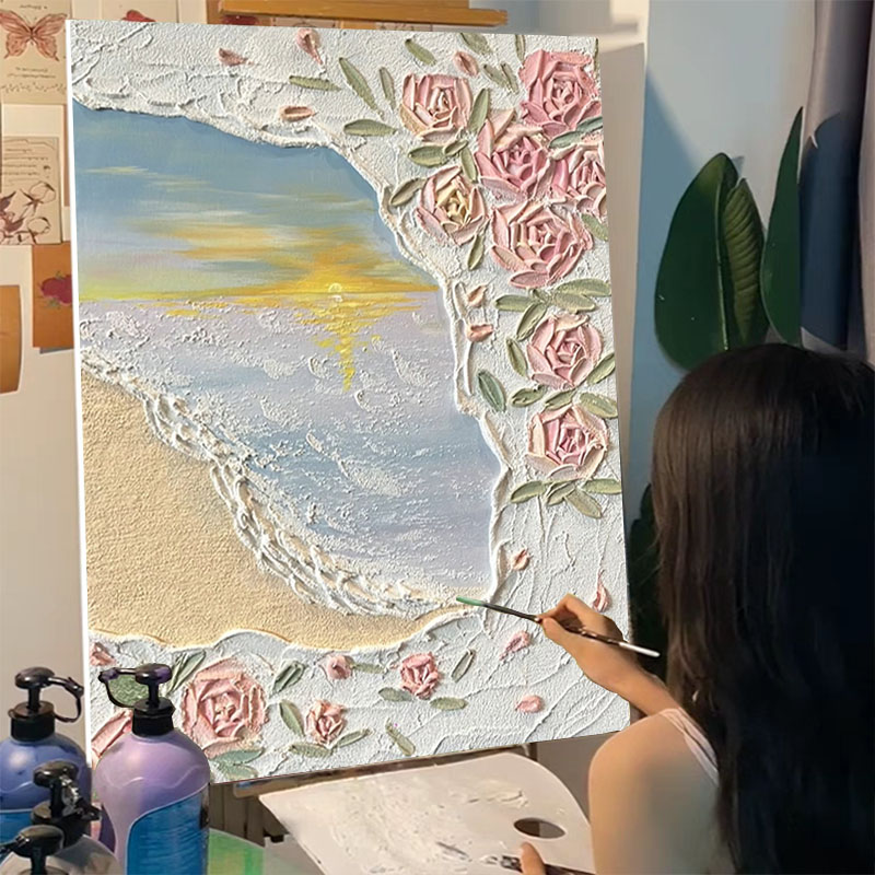 海洋玫瑰石英砂肌理画diy材料全套数字油画手绘花卉丙烯立体装饰图片