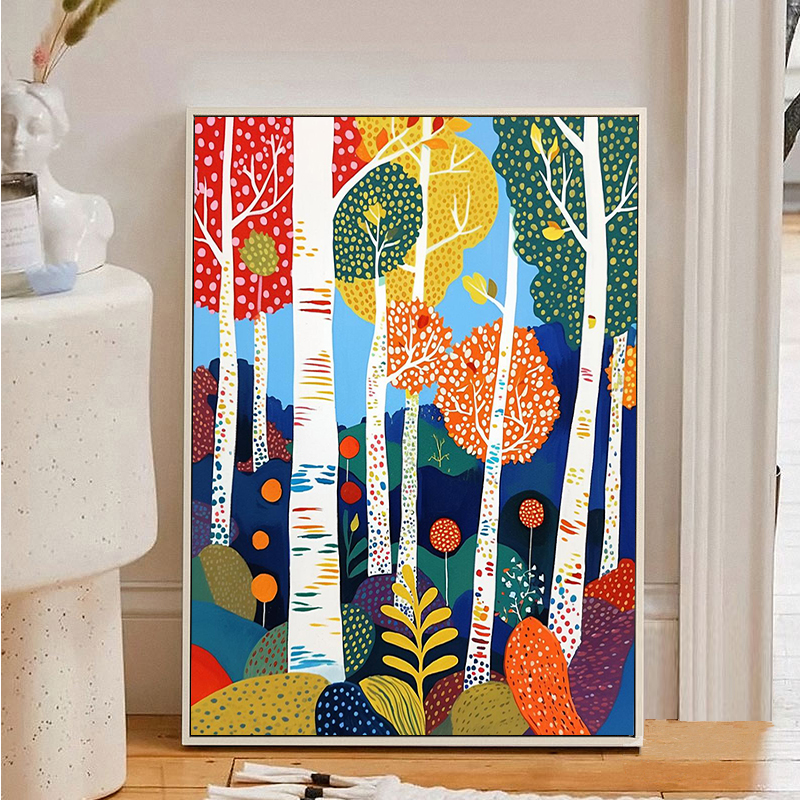 波点白桦林欧式数字油画手工diy丙烯油彩画自己涂成人解压装饰画图片