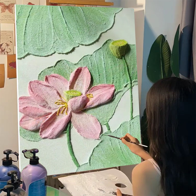 清韵荷花石英砂肌理画diy材料全套数字油画立体手绘礼物花卉装饰图片