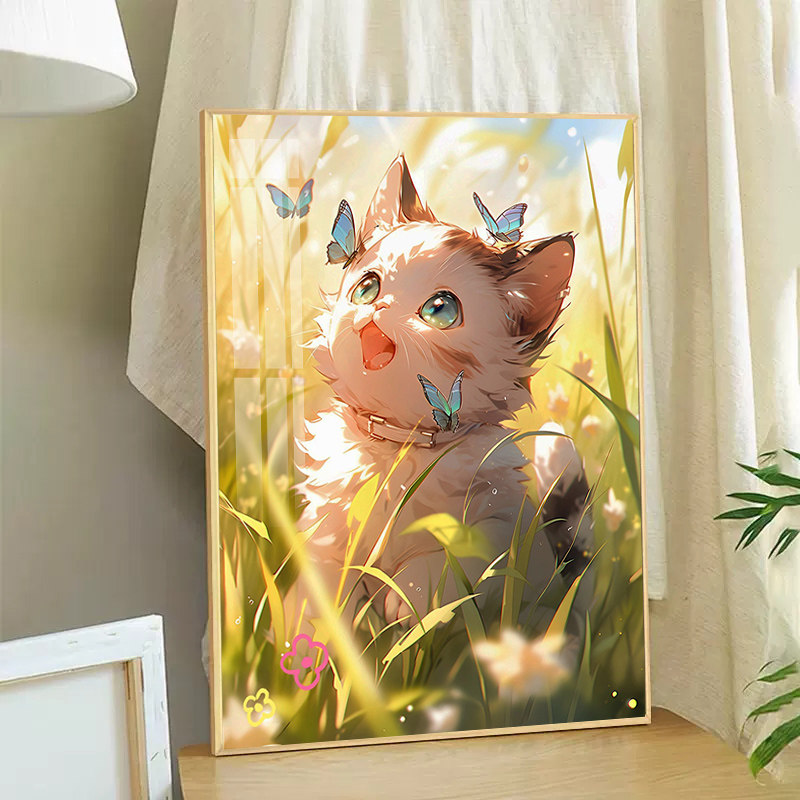 捉蝴蝶的小猫咪钻石画满钻可爱卡通儿童手工贴钻十字绣水钻带框