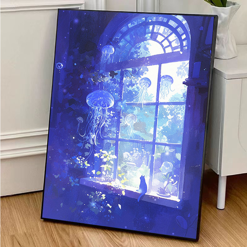 克莱因蓝梦幻深海水母数字油画手工diy填充丙烯油彩画地狱级难度