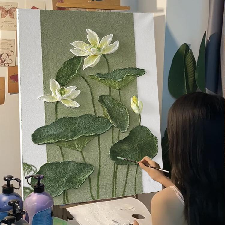 淡雅荷花石英砂肌理画diy材料全套数字油画手绘清新花卉装饰立体图片