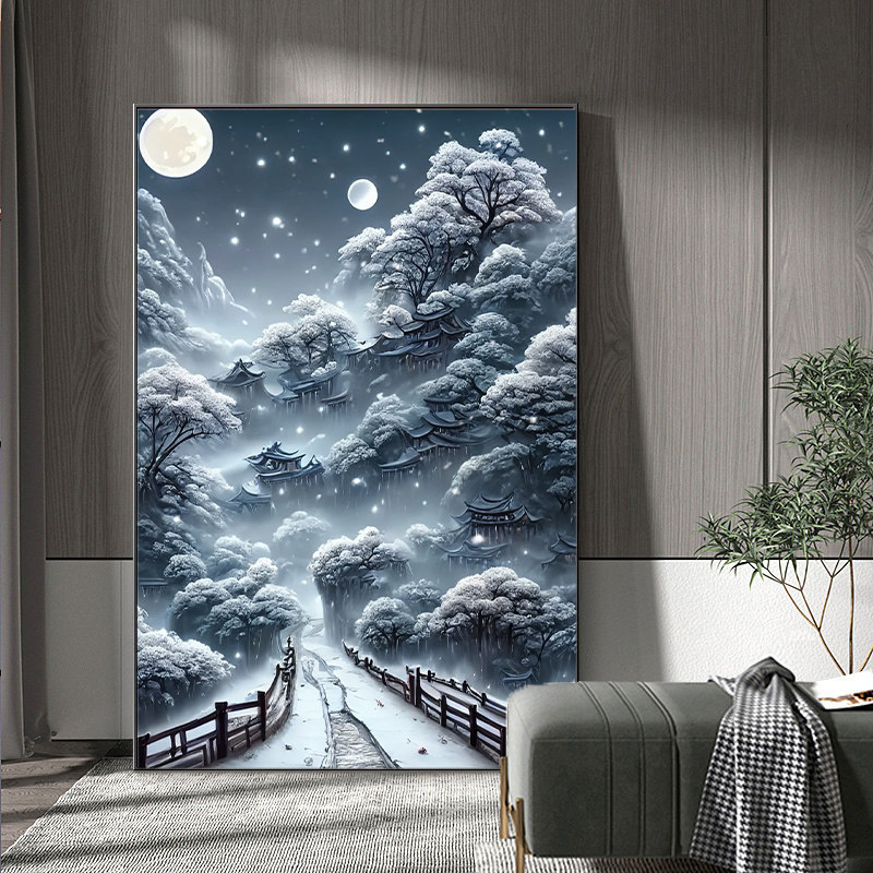 新中式玄关入户装饰钻石画冬日雾凇墙贴屏风过道贴纸客厅壁纸贴画