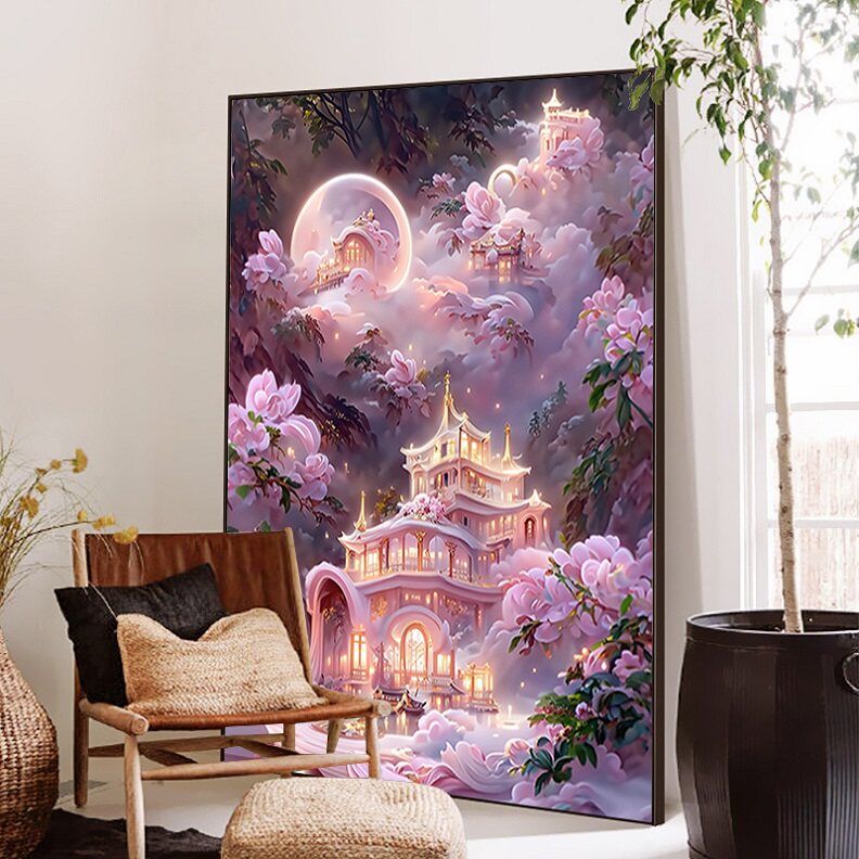 粉色宫殿高难度钻石画2023新款满钻5d带框唯美城堡风景画简约装饰