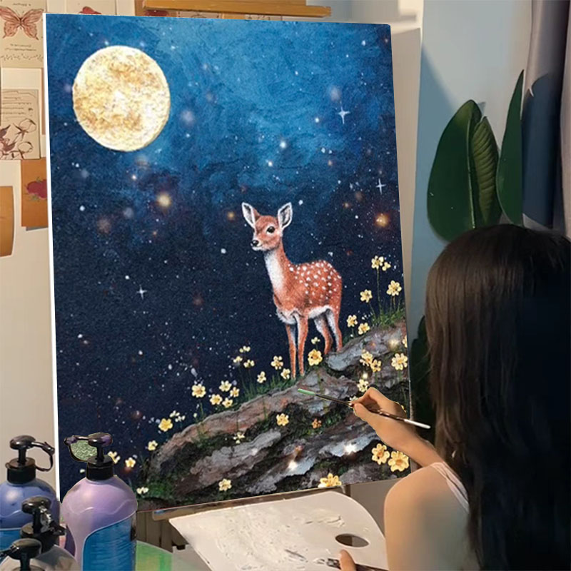 发财麋鹿石英砂肌理画diy材料全套数字油画立体手绘丙烯客厅装饰图片