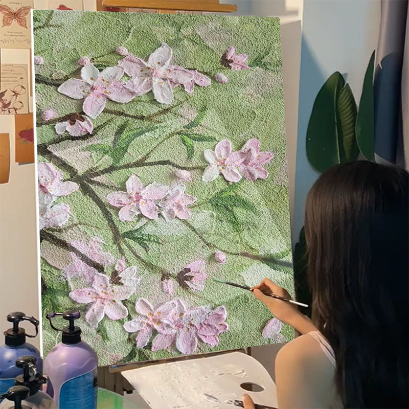 春日桃花石英砂肌理画diy材料全套数字油画立体丙烯手绘花卉装饰图片