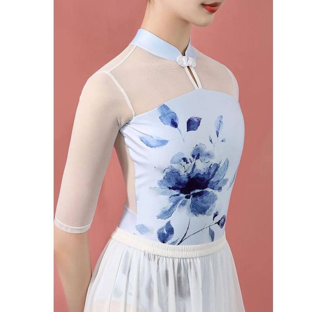 中国风青花旗袍体操服女成人舞蹈服芭蕾舞练功服形体连体服