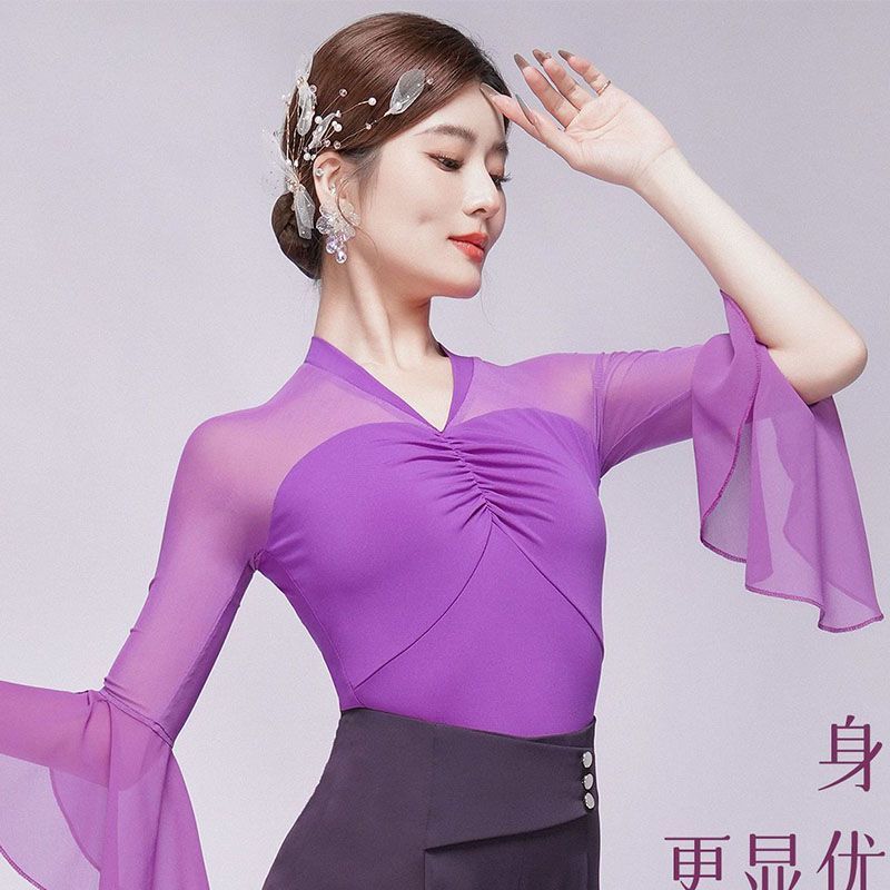 新款拉丁舞上衣女成人洋气国标舞服装v领摩登舞服