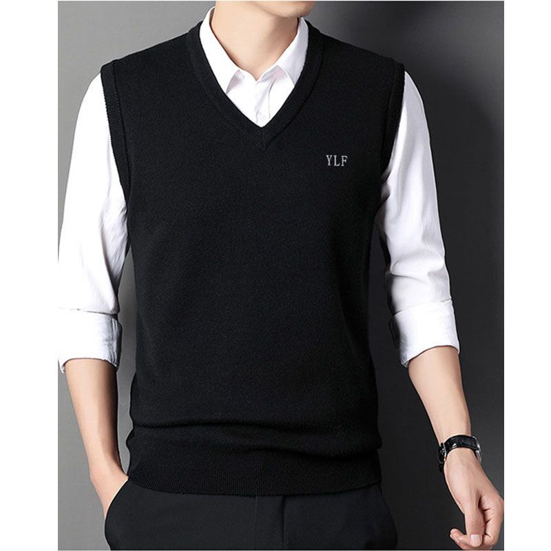 中年冬季纯色V领中老年坎肩加厚毛衣马甲男士背心