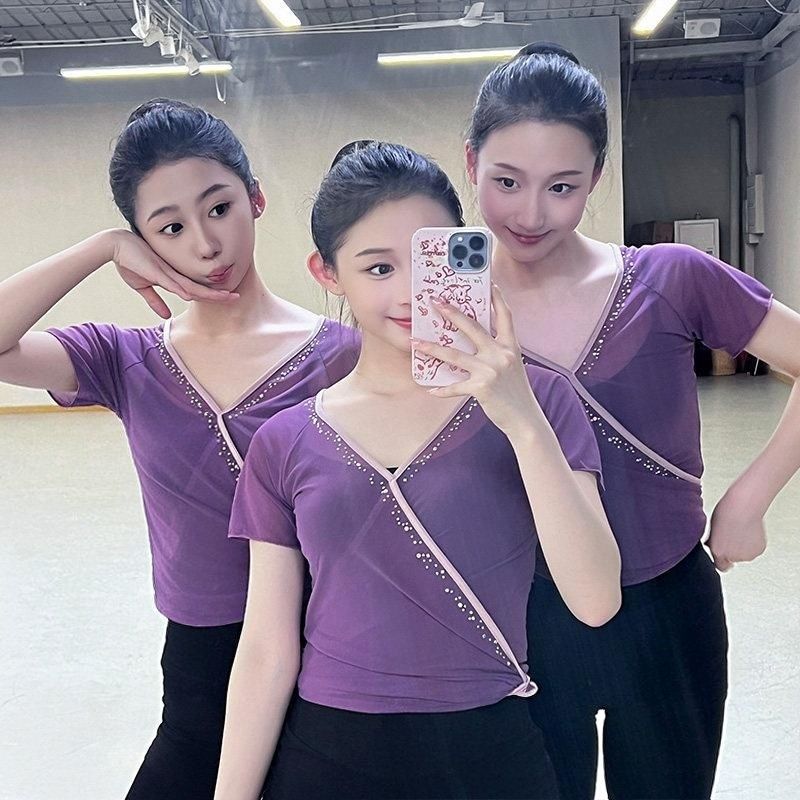 古典舞基训短袖艺考专业舞蹈服身韵练功服水钻纱衣新款团服上衣女