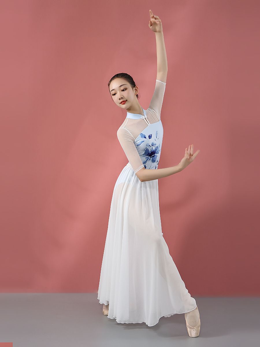 中国风青花旗袍体操服女成人舞蹈服芭蕾舞练功服形体连体服