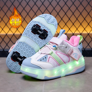 女童暴走鞋加绒运动鞋5-12岁亮灯充电学生冬季新款男童滑轮鞋发光