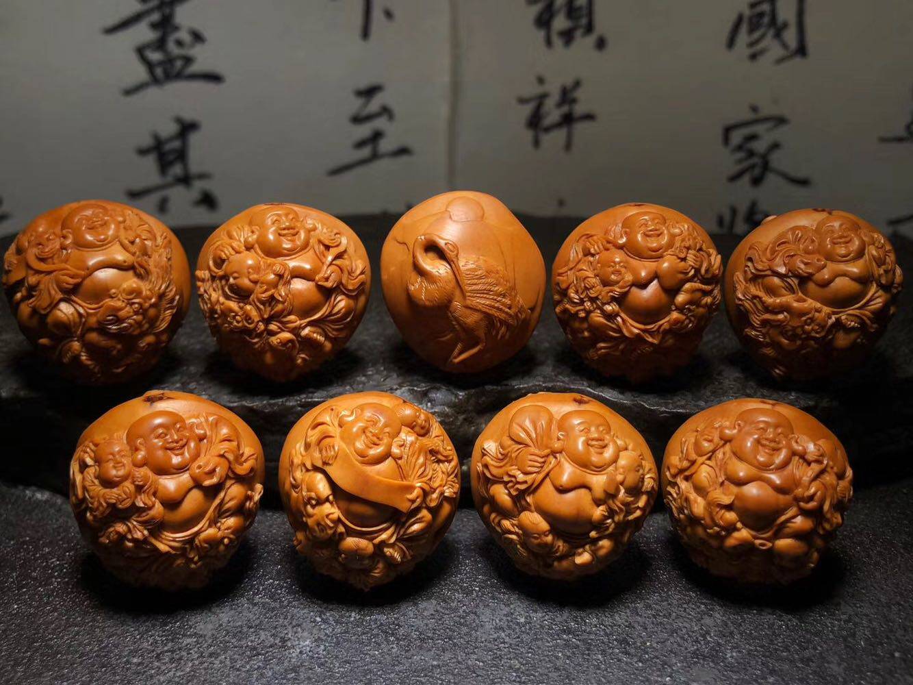 核雕王朝重器新款收藏级2.45*2.5骑兽八宝童子弥勒橄榄核手串