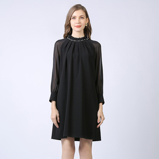 欧洲站2025春夏欧美大码女装长袖胖mm宽松a型钉珠半高领连衣裙子