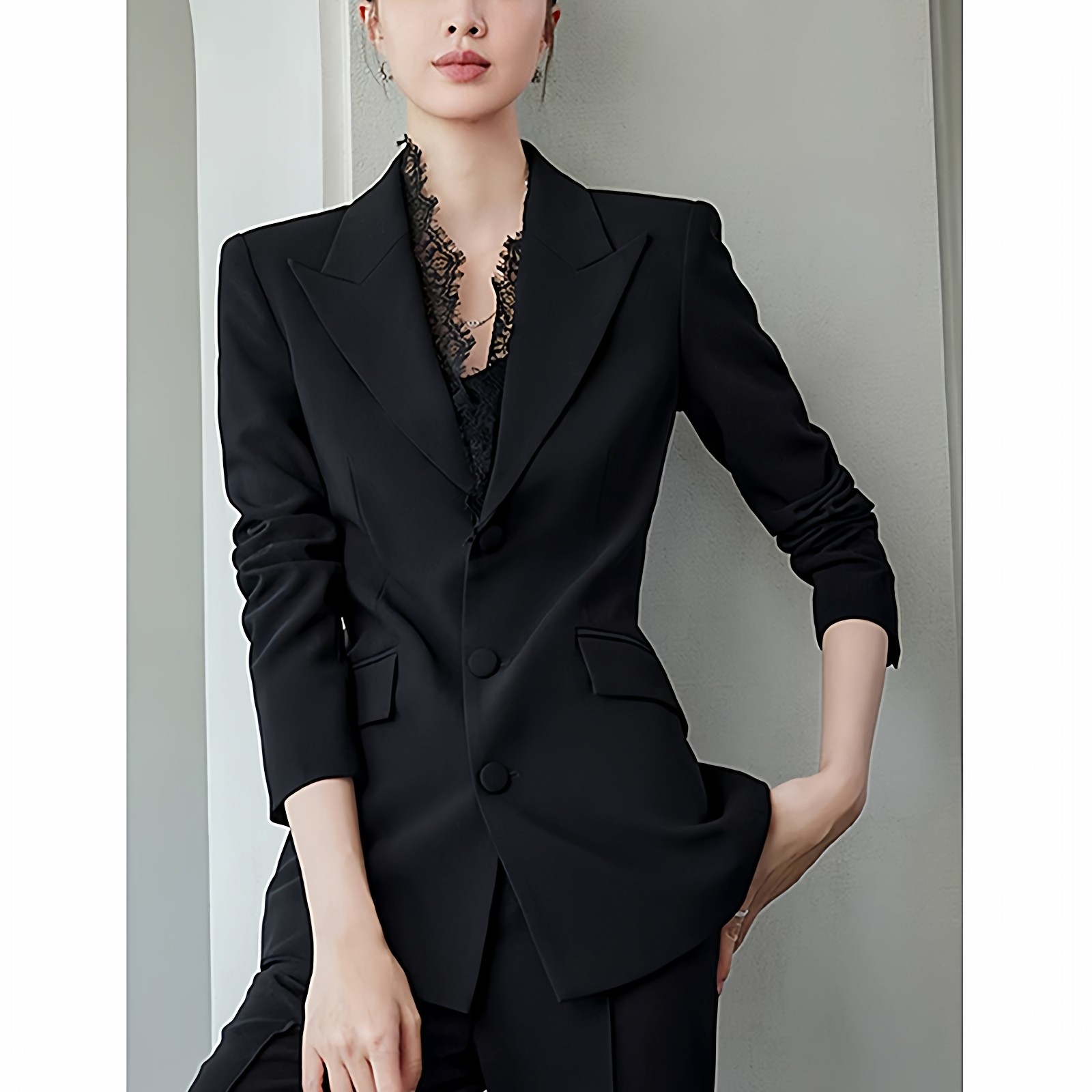 设计感套装职业蕾丝西服微喇阔腿裤2026春季新款大码西装外套女装