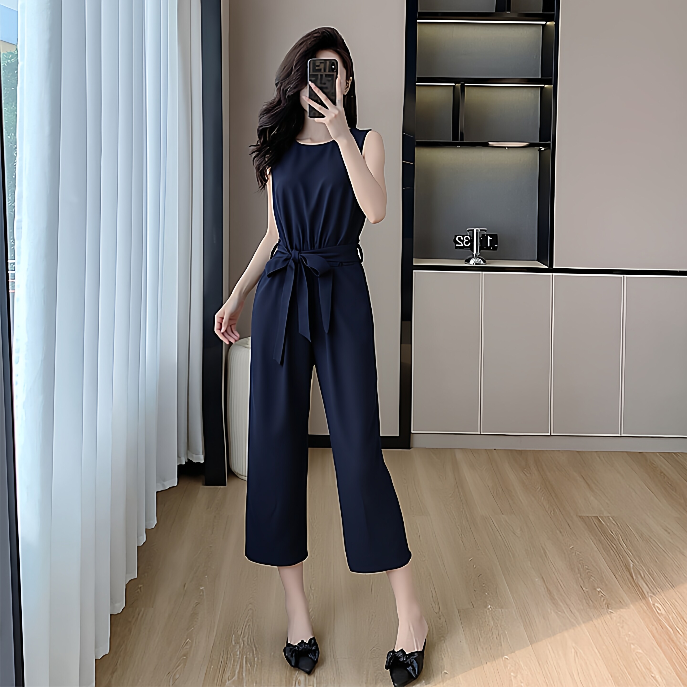 无袖系带九分连体裤套装女夏气质修身阔腿裤2026春夏新款大码胖mm