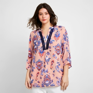 女装 人造棉绸上衣宽松t恤夏季 粉色印花v领七分袖 高端轻薄棉绸小衫