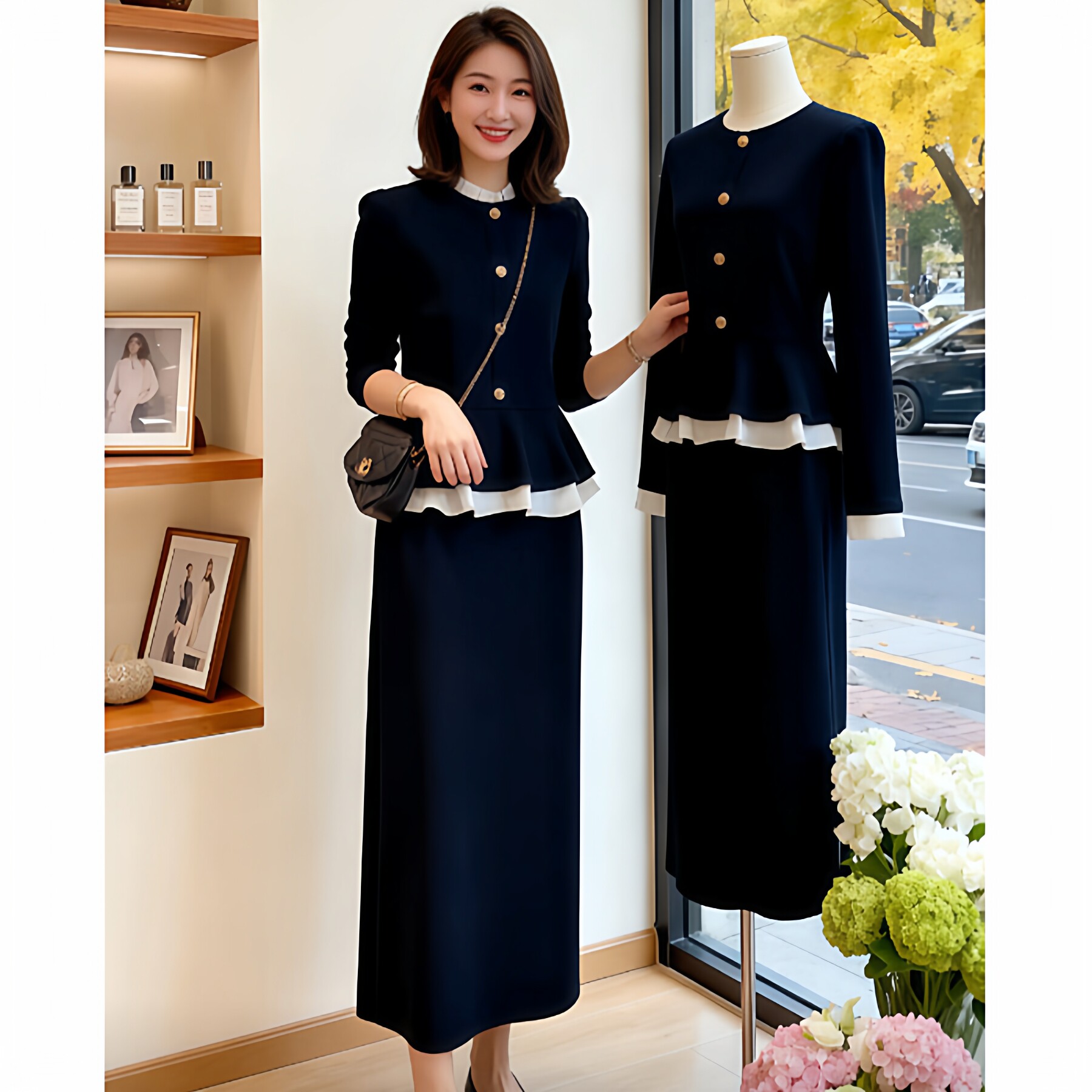 2026春季新款大码女装老钱风长袖套装小香风圆领外套半身裙两件套