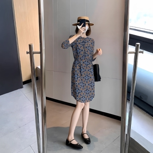 印花雪纺直筒系带收腰口袋连衣裙圆下摆2026春夏新款 宽松大码 女装
