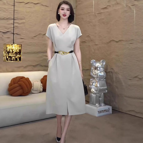 a字收腰气质优雅V领开叉连衣裙