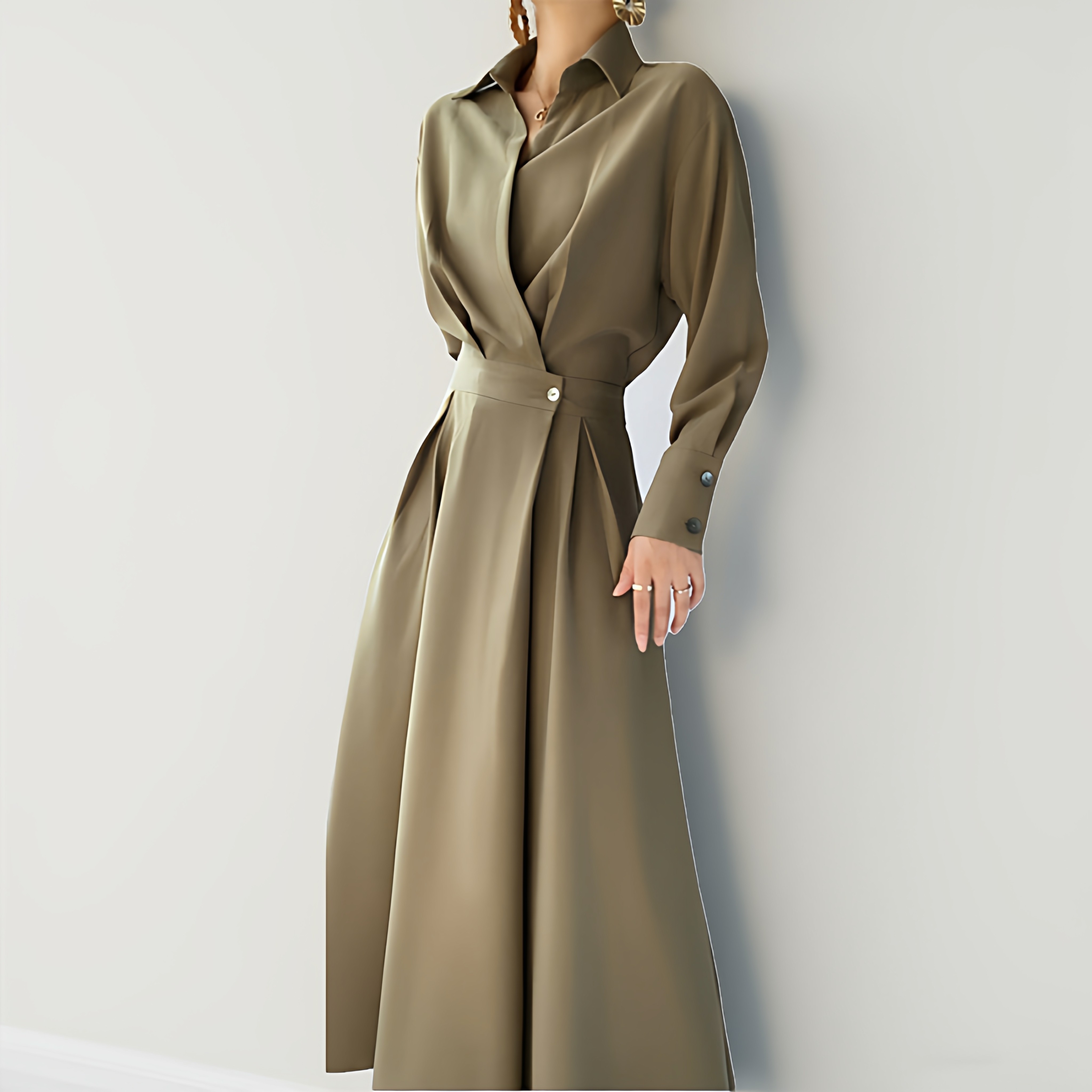 气质长袖Polo衬衫v领收腰连衣裙2026春装新款大码女装胖MM长裙子