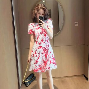 法式甜美风印花蕾丝礼服连衣裙女高级感短袖收腰A字中长裙小个子