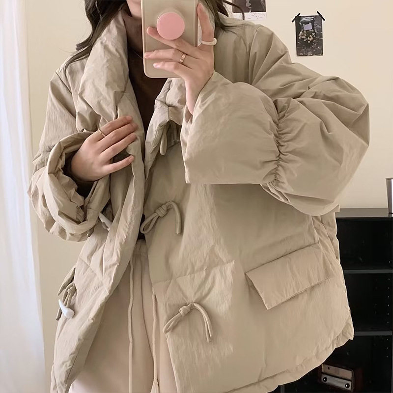 新中式牛角扣立领羽绒服女糖果色宽松时尚面包服轻薄保暖秋冬外套