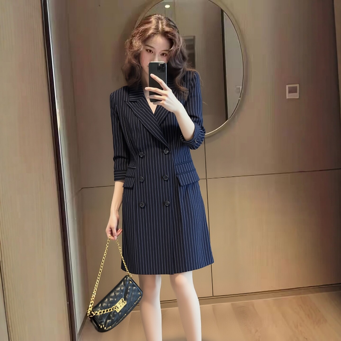 轻熟通勤风条纹西装连衣裙女收腰显瘦双排扣职场气质裙子秋季新款