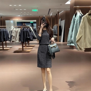 秋冬中长袖毛呢职业修身开叉一步连衣裙子上衣半身裙套装大码女装