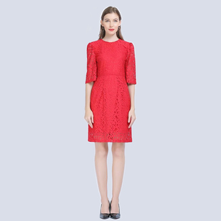 大码女新年红色蕾丝直筒包臀一步中袖礼服连衣裙子高级感新款春秋