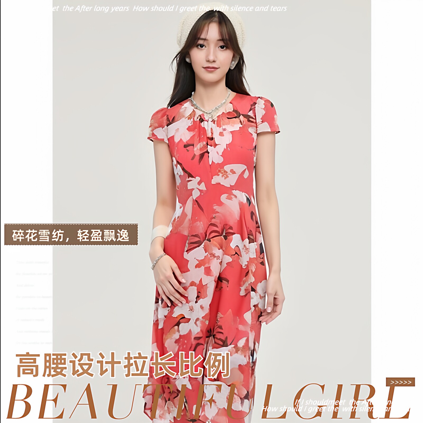 雪纺红色花印高腰连衣裙夏季胖mm女束腰吊带无袖背心长裙波西米亚