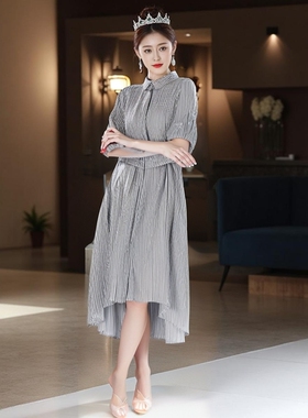 中袖收腰衬衫条纹雪纺a字前段后中连衣裙子夏季长款2025大码女装