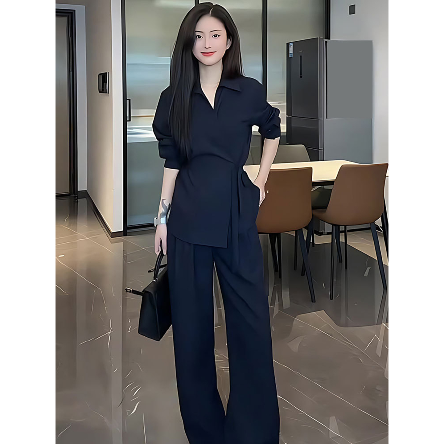 系带长袖v领褶皱衬衫腰阔腿裤