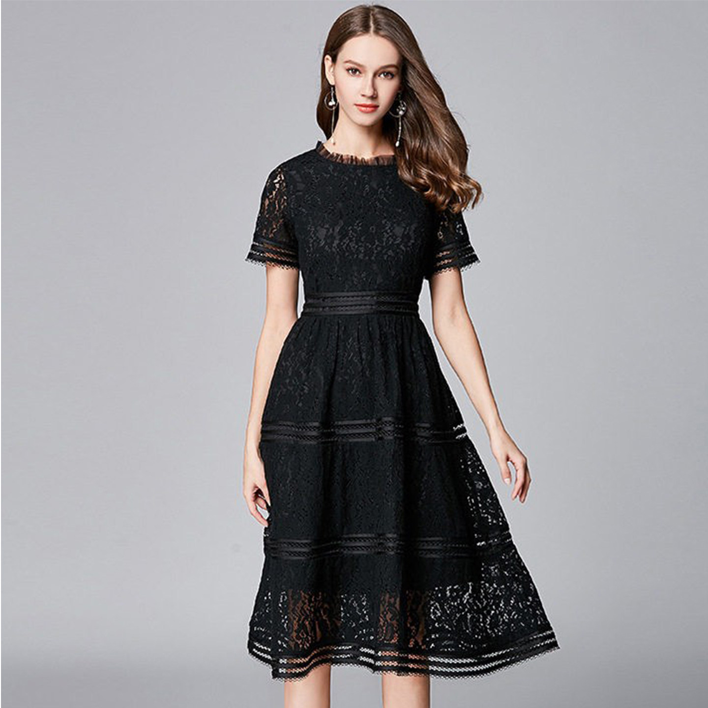 秋冬新款女装加绒精致礼服蕾丝连衣裙长袖修身显瘦中长款打底裙子