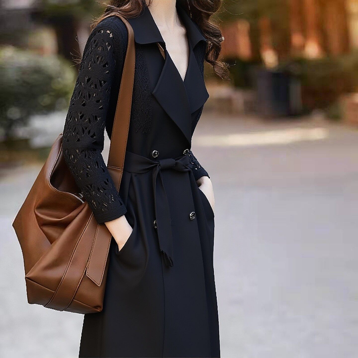 高级感大码女装长袖蕾丝拼接西装领系带风衣胖mm外套2026春季新款