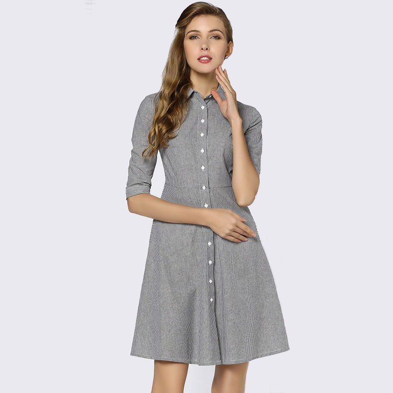 条纹中袖大码a字直筒衬衫连衣裙