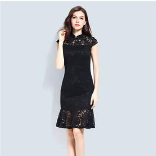 改良旗袍女夏裙子胖mm2025新款气质鱼尾裙修身蕾丝显瘦连衣裙大码