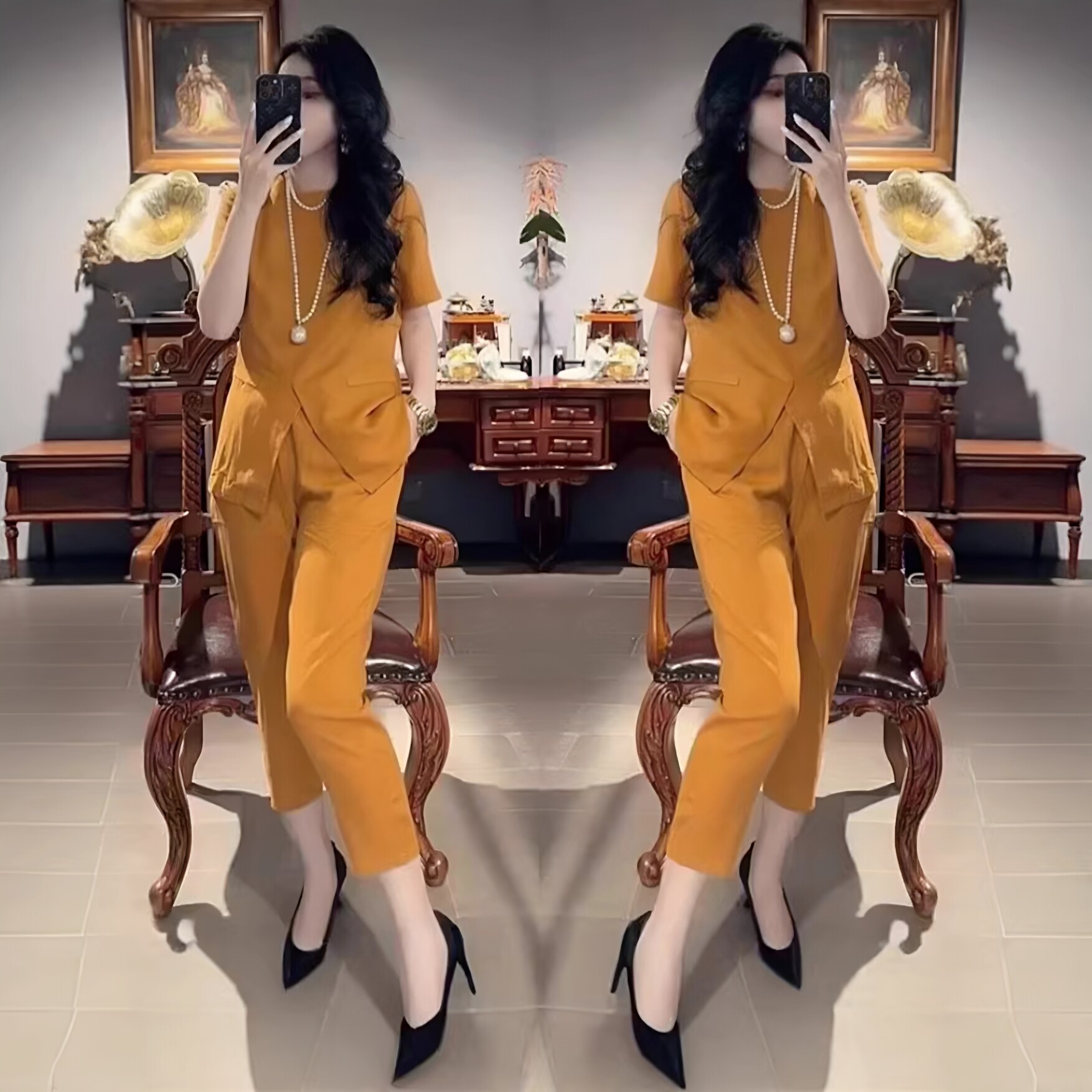 大码女装轻奢简约套装橘色圆领短袖开叉小衫九分裤子显瘦夏季新款