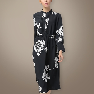 欧州站2026年新款女立领长袖雪纺衬衫百褶松紧腰连衣裙春夏季薄款